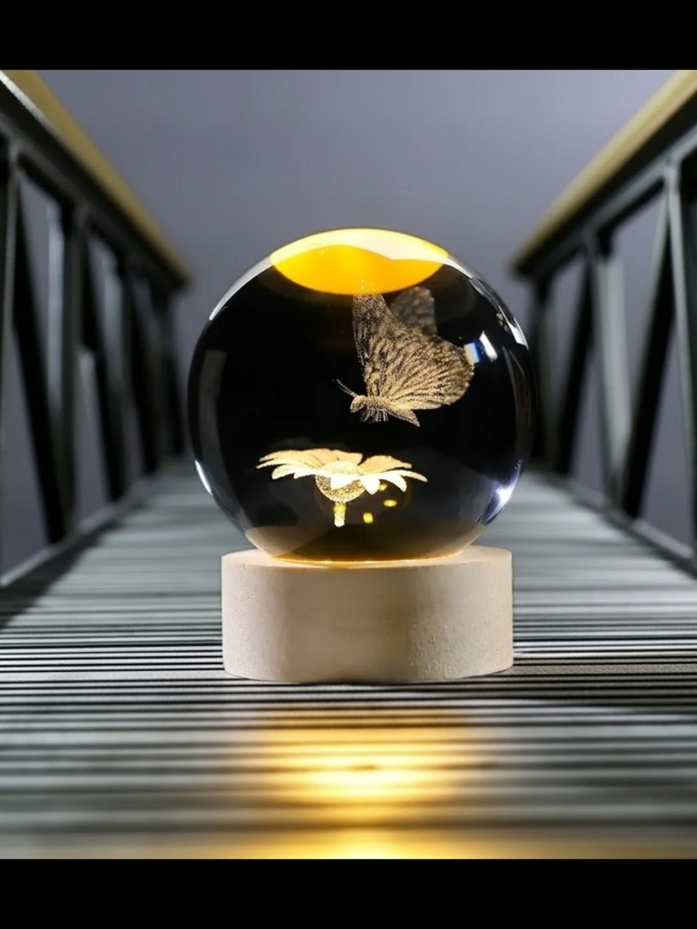 LED Crystal Globe Lantern with Butterfly and Flower Accent - Amber & Clear